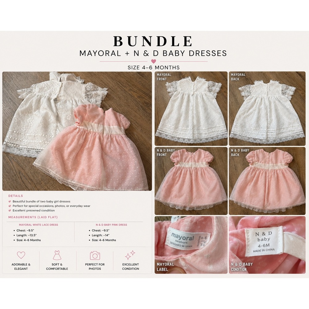 Baby Girl Dress Bundle Mayoral Pink Polka Dot 4-6M & Lene B White Lace 18M